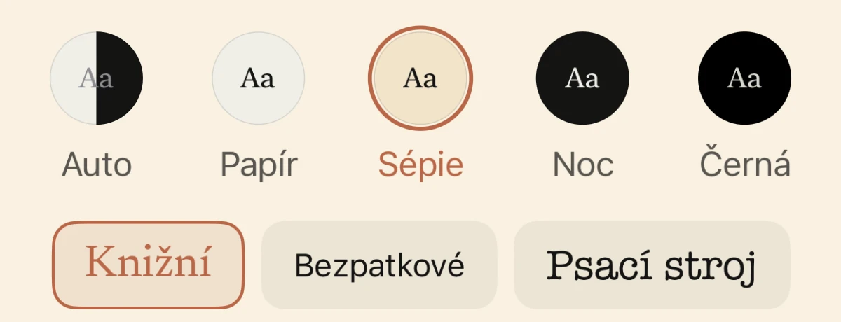 Reader appearance: font size, Auto, Paper, Sepia, Night and Black papers, Book, Sans and Typewriter fonts